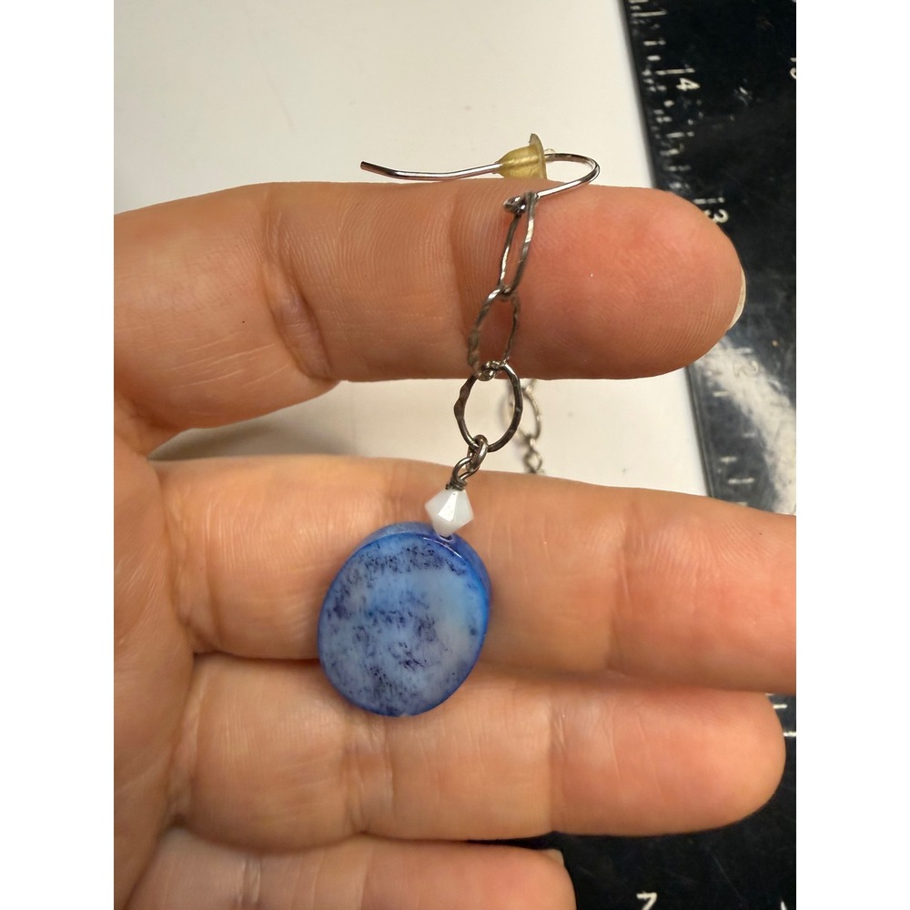 Blue Marbled Oval Stone Drop Earrings Silver Tone Chain Dangle Handmade Boho